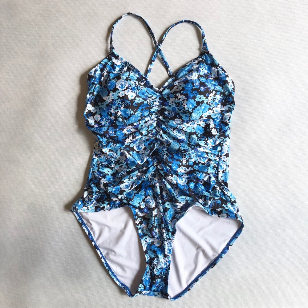 Nautica Blue Floral Tie Back One Pice Swimsuit